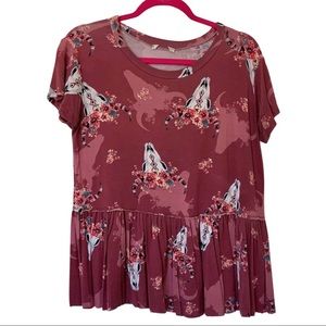 Boho Cow Skull Print Baby Doll Top